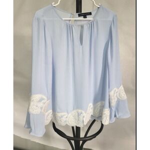 Tommy Hilfiger Blouse Bell Sleeve Lace Trim Striped Top Keyhole Size S